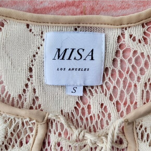 Misa Cream Long Sleeve Split V-Neck Sheer‎ Crochet Lace Tassel Boho Blouse S - Picture 6 of 6